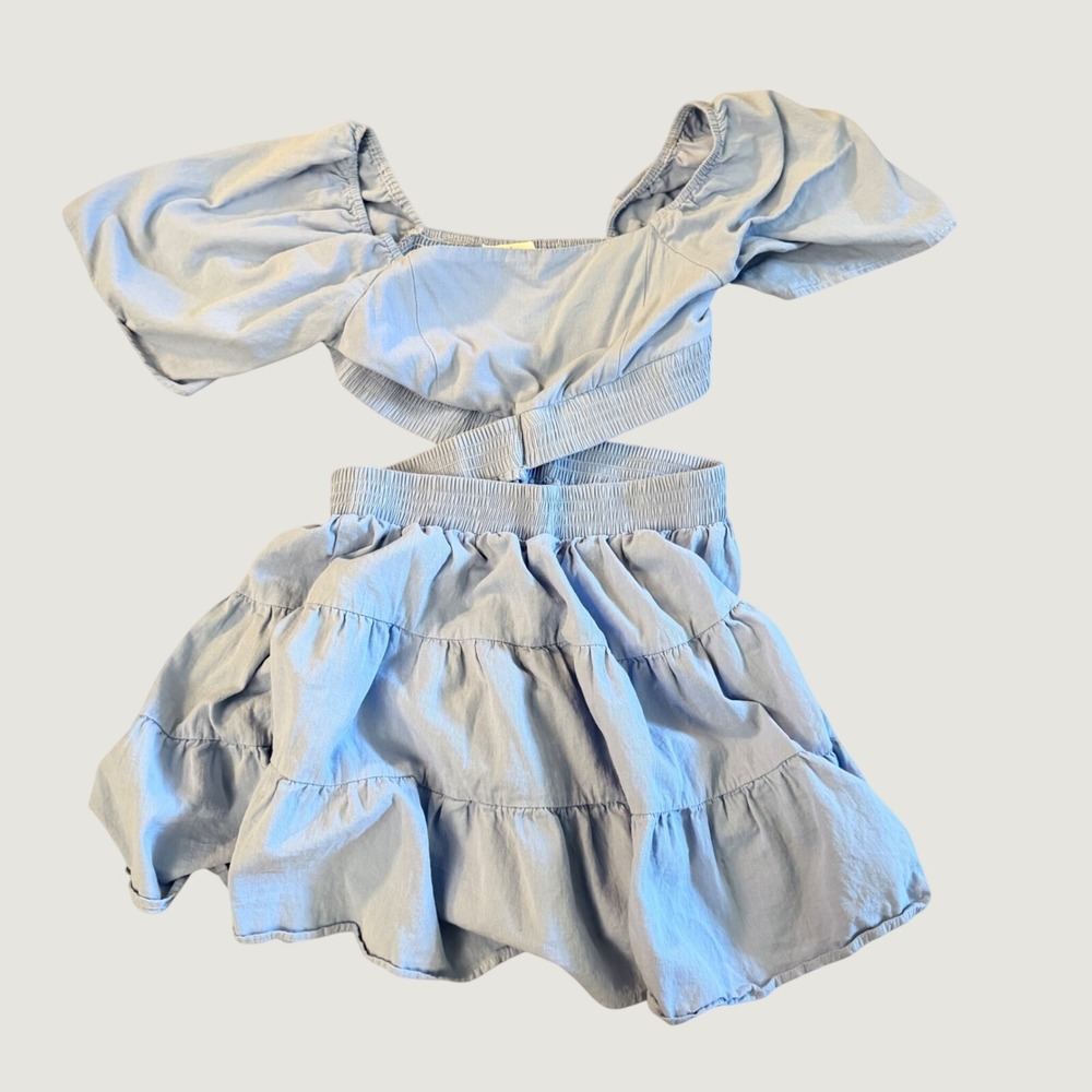Light Blue Puff Sleeve Cutout‎ Tiered Mini Dress Square Neck Ruffle Summer Dress